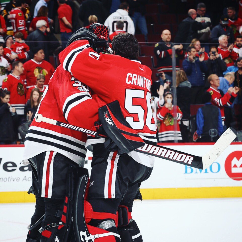 NHLBlackhawks's tweet photo. Friendship goal[ies]. 

#OhMyDarling #crOwMG https://t.co/Sn6y9ATWXJ