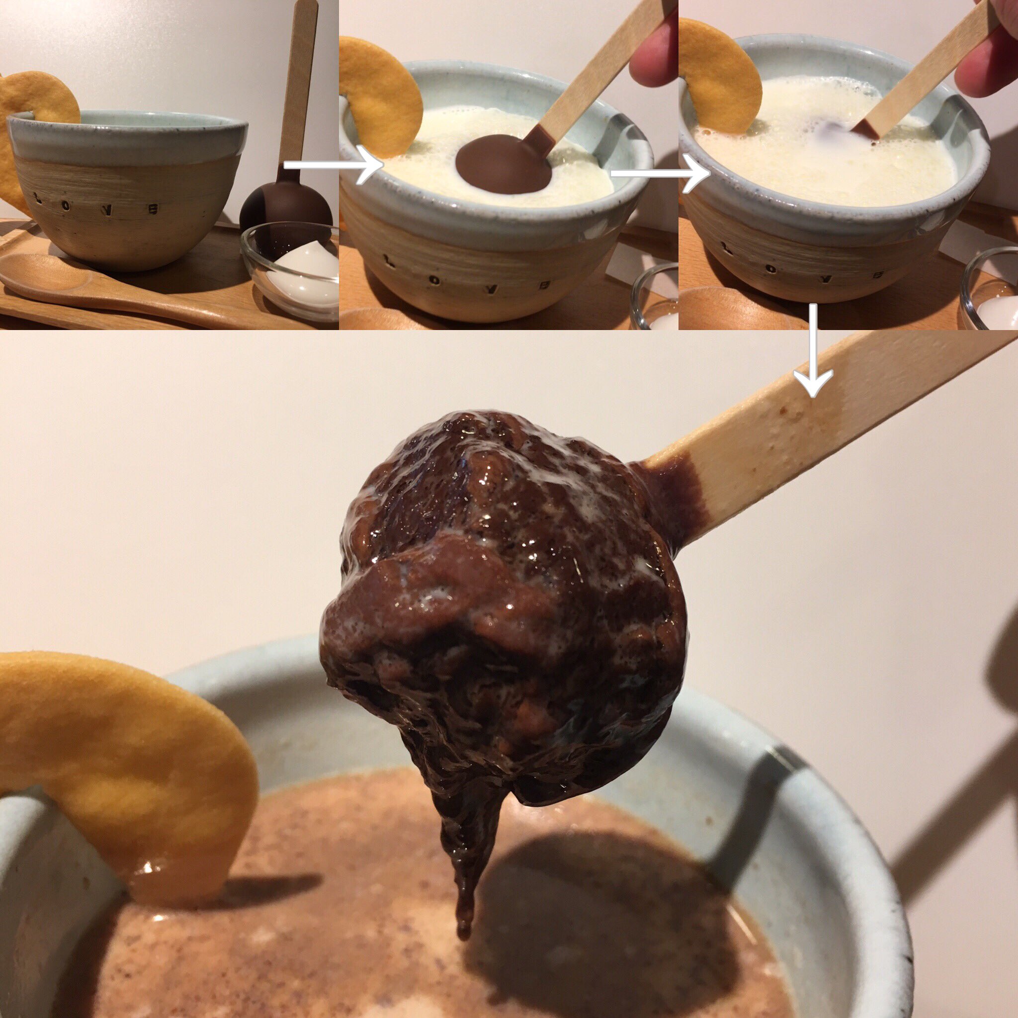 Bonnel Cafe Nook ホットスティックチョコレート 濃厚な生チョコがたっぷり詰まったチョコレート の塊をホットミルクに溶かしながら食べる新感覚チョコレート トロトロに溶けたチョコレートをペロッとなめて食べるのが食べ方 ボンヌカフェでしか