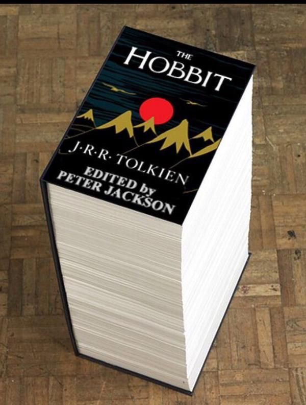 JRRTolkien's tweet image. The Hobbit edited by Peter Jackson. He stretched butter over too much bread). I’m surprised he limited it to 3 films. #humor