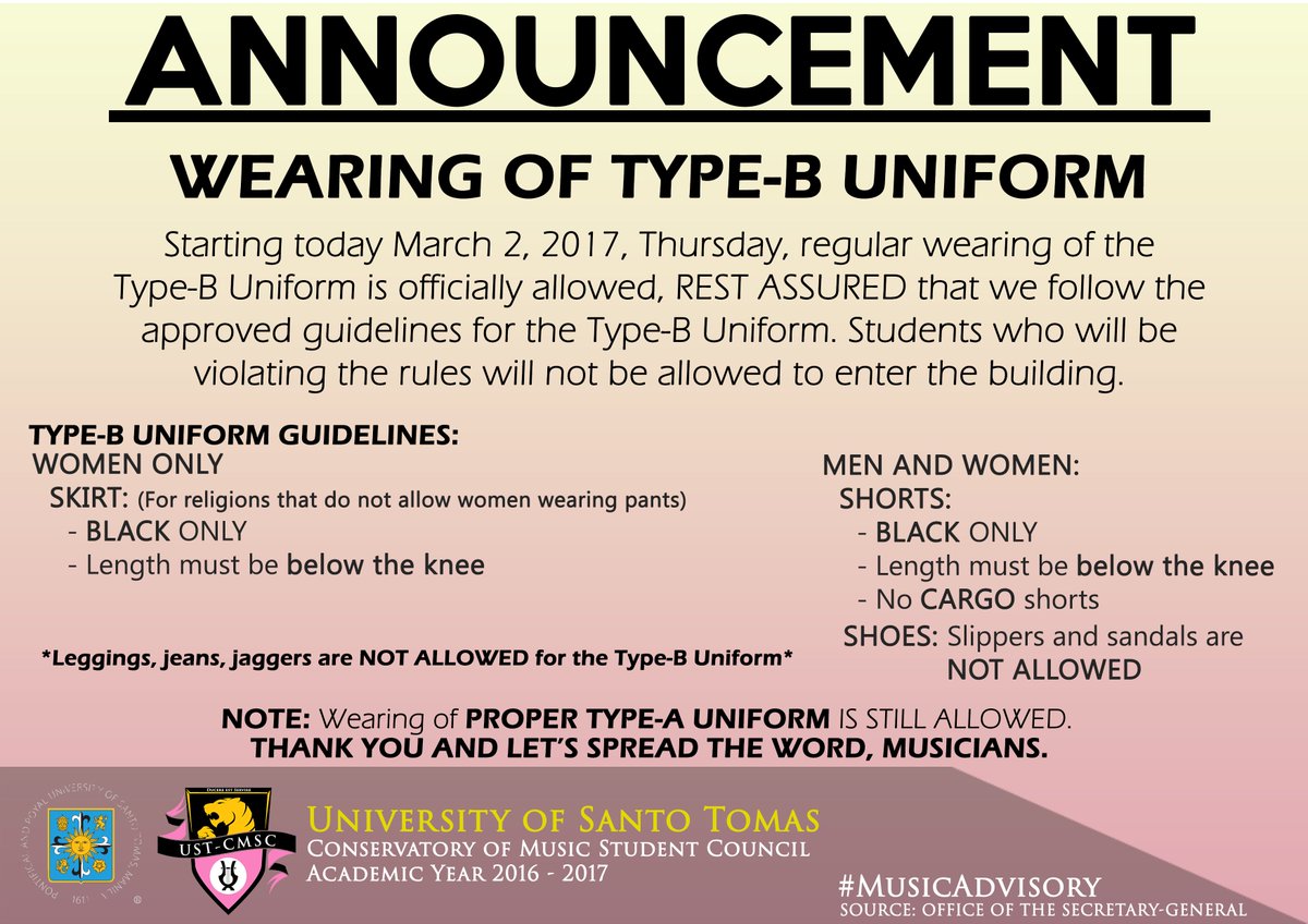 ustcmsc's tweet photo. RE: WEARING OF TYPE-B UNIFORM

Please be guided accordingly! #MusicAdvisory #USTCMSC https://t.co/LkPOoKa79X
