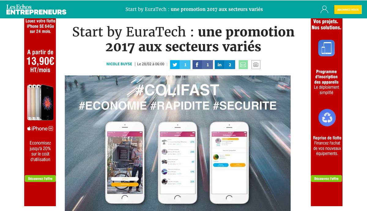 Colifast's tweet photo. #Colifast en tête d'affiche sur les @LesEchos 😀 #startup made in @euratechnologie https://t.co/rFfUnyUxTb