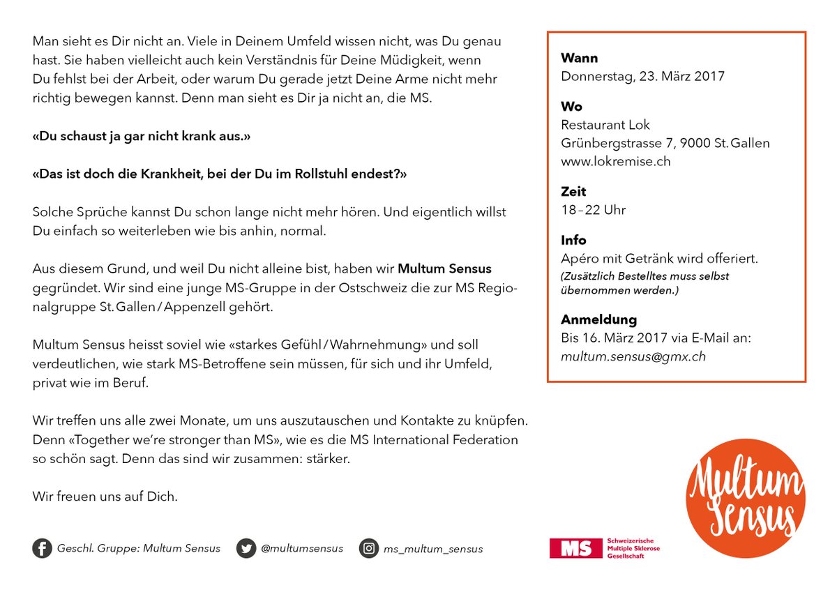#stgallen #multiplesklerose wir haben eine neue Gruppe! Das ist doch die Krankheit, bei der Du im Rollstuhl endest?Solche Sprüche kennst du?