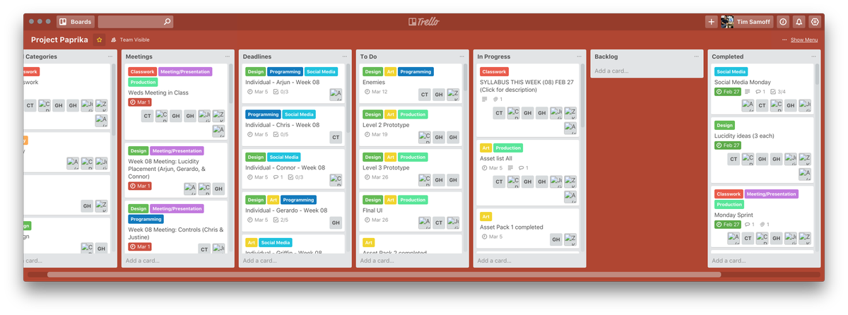 mcgamedesign's tweet photo. Stuff I like seeing from my students. // #gamedesign #gamedev #agile #scrum @NoodleMach @trello https://t.co/VmR9DVjXkF
