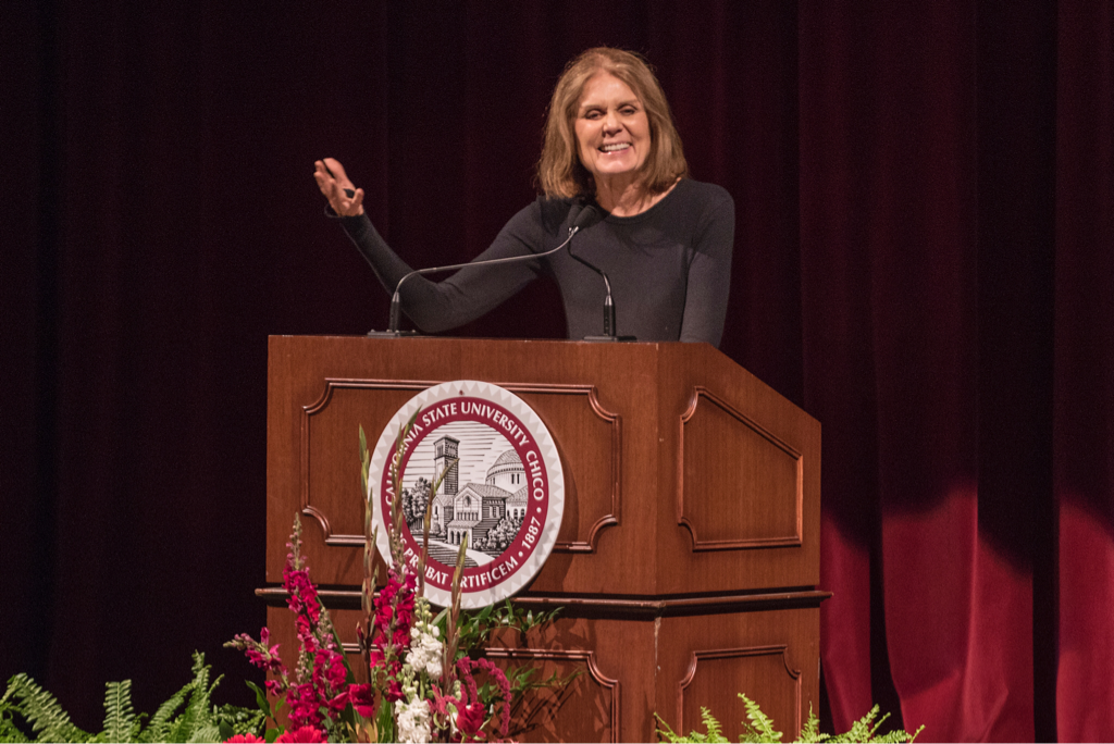 ChicoState's tweet photo. "First we realize we are unique, then we realize we are human." —@GloriaSteinem speaking @ChicoState tonight. #BookInCommon https://t.co/2T67h4assu