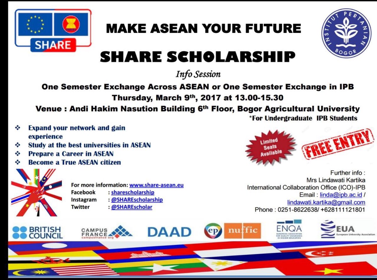 Info Session:
One Semester Exchange in IPB.
Thursday, March 9th, 2017 at 13.00 - 15.30 
Venue: Andi Hakim Nasution Building 6th Floor,