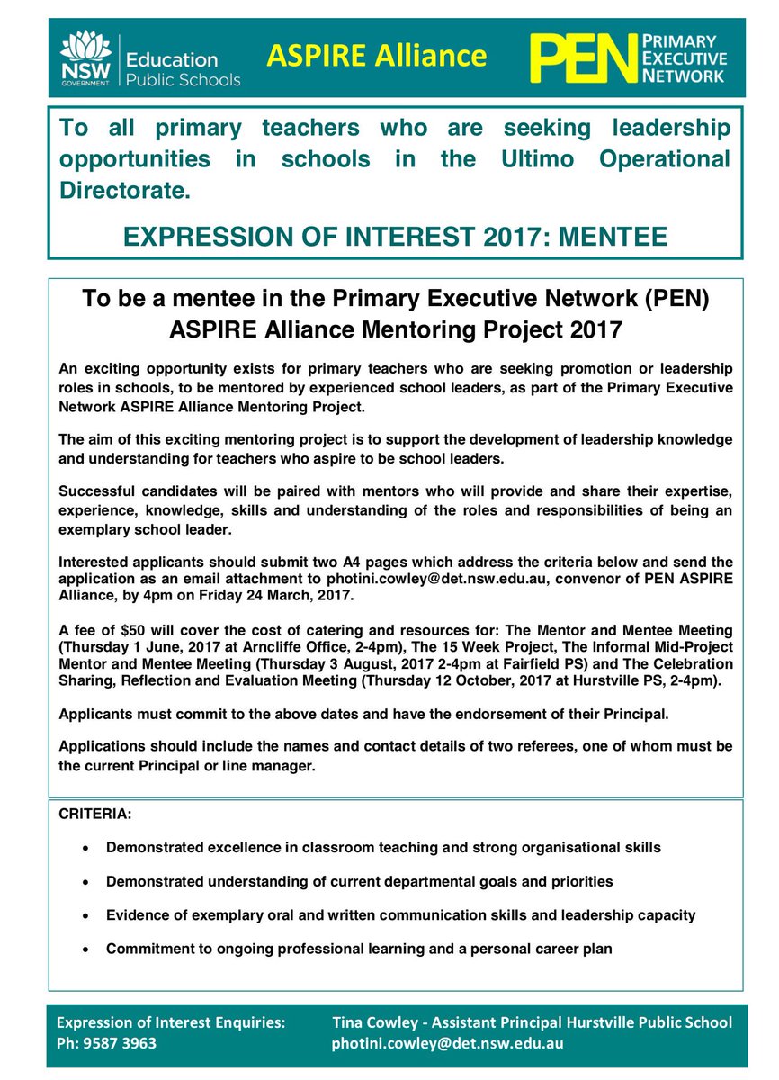 PENConference's tweet photo. Primary Ts seeking leadership roles invited to be mentees in PEN ASPIRE Alliance mentoring project. EOIs due 24/3/17 https://t.co/esDXPCtzdV https://t.co/V2i4d9oSYB