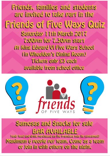 KEFWschool's tweet photo. Join us for the @Friends_5Ways Quiz! Saturday 11 March 7pm for 7.30pm start. £3 per ticket, available @ https://t.co/8sx2LsnTFE Bar &amp; snacks https://t.co/Fm4dlq4PPV