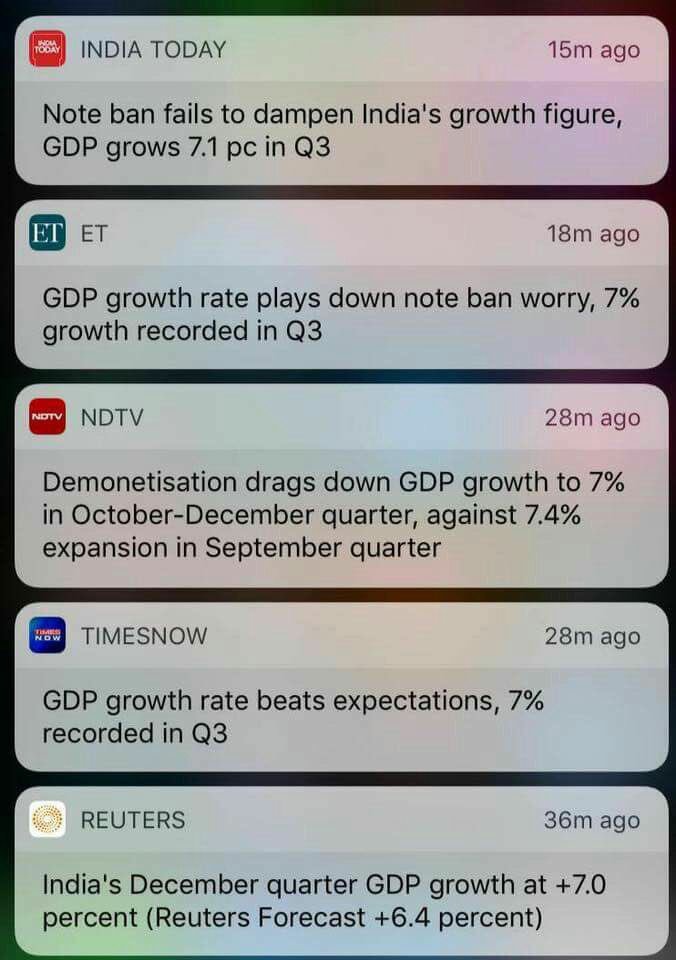 kohli321's tweet photo. Compare the headline by NDTV with all other News channels...!#NotebandiHit_GDPFit @sambitswaraj @ndtv @timesofindia https://t.co/nsaY9fKPOA