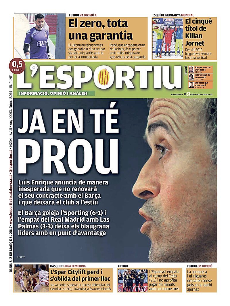 CanBenet's tweet photo. #PortadesEsportives #canbenet 
#liders #lideres #fcb #sporting #laliga #luisenrique #adeu #adios #victoria #realmadrid #laspalmas #empate https://t.co/w0qWvGAAaP