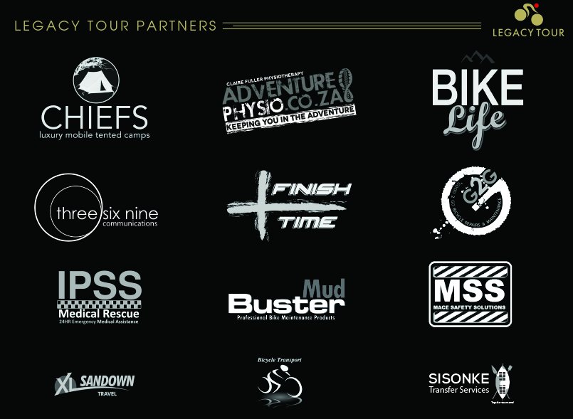 Our confirmed Legacy Tour partners: <a href="/IPSSRescue/">IPSS Medical Rescue</a> <a href="/FinishTime2/">FinishTime</a> @BikeLifeSA <a href="/369Comm/">369Communications</a> <a href="/MUDBUSTER/">John Louis Salinas</a> #Good2Go #AdventurePhysio #MaceSafety &amp; others