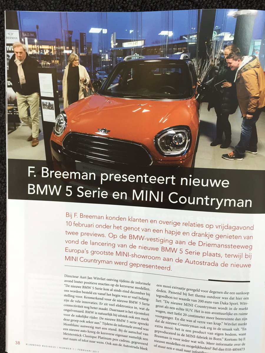 <a href="/Breeman_BMW/">F. Breeman BMW</a> presenteert nieuwe <a href="/BMW/">BMW</a> 5 Serie en MINI Countryman aan klanten en relaties. Sfeerverslag in <a href="/RijnmondBUS/">Rijnmond BUSINESS</a> <a href="/PortOfBUSINESS/">Port of BUSINESS</a>
