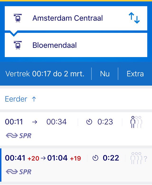 De trein van 00.41 zou 20min vertraging hebben. Dan maar extra biertje. Bij aankomst op station 00.48 trein al weg raar toch? <a href="/NS_online/">NS online</a>
