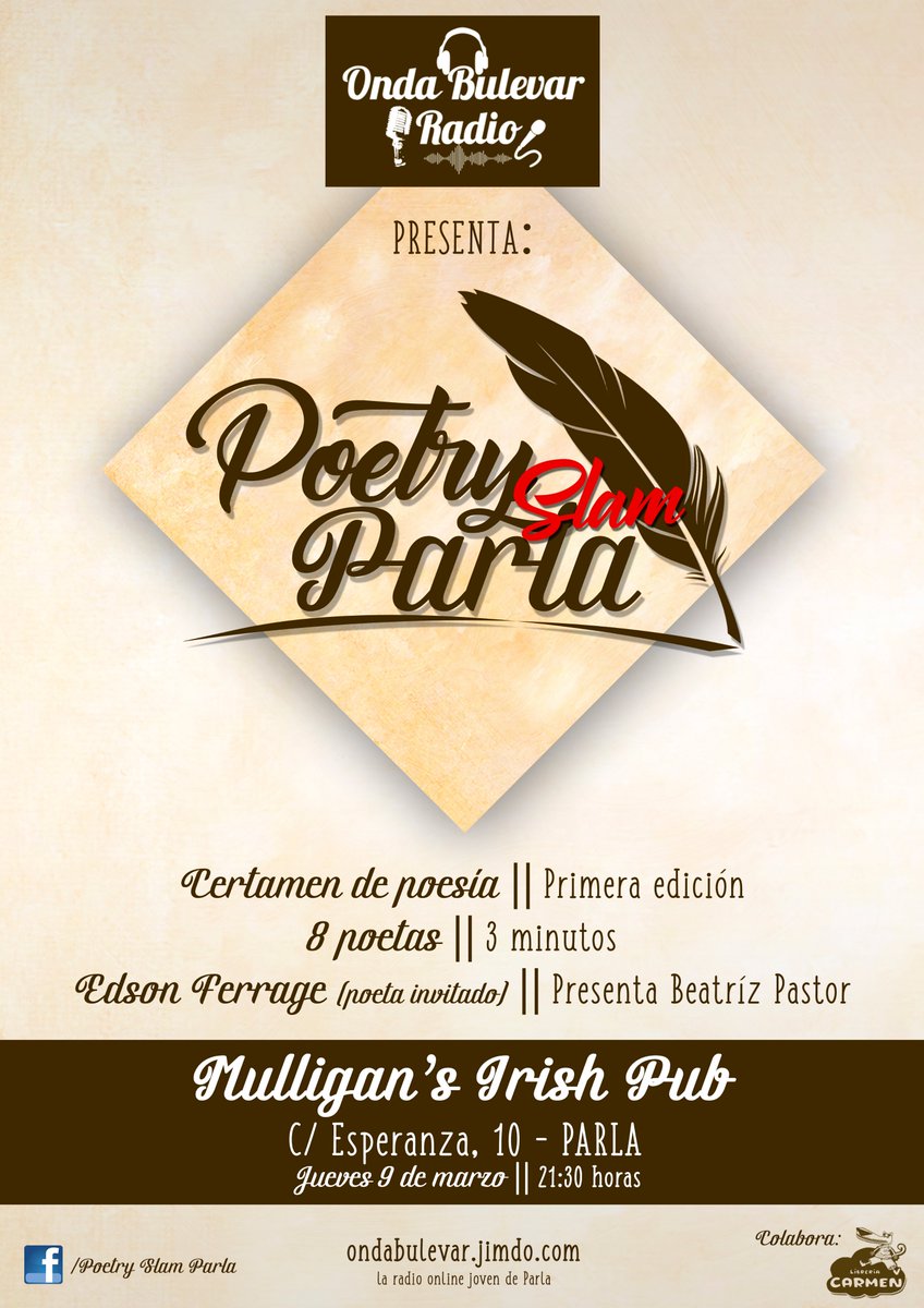Primer Poetry Slam #Parla organizado por <a href="/OndaBulevaRadio/">Onda Bulevar</a> en <a href="/PubMulligan/">Mulligan's Pub</a> 9 #marzo. Apúntate en poetryslam@gmail.com
ondabulevar.jimdo.com/poetry-slam/ba…