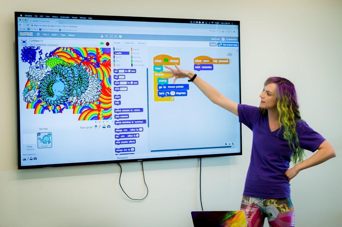 natacoops's tweet photo. Throwback to this summer when I became a literal rainbow and taught kids across Canada to code on the @learningcode #codemobile #tbt 🦄🌈💻👾🌟 https://t.co/EambTql6rw