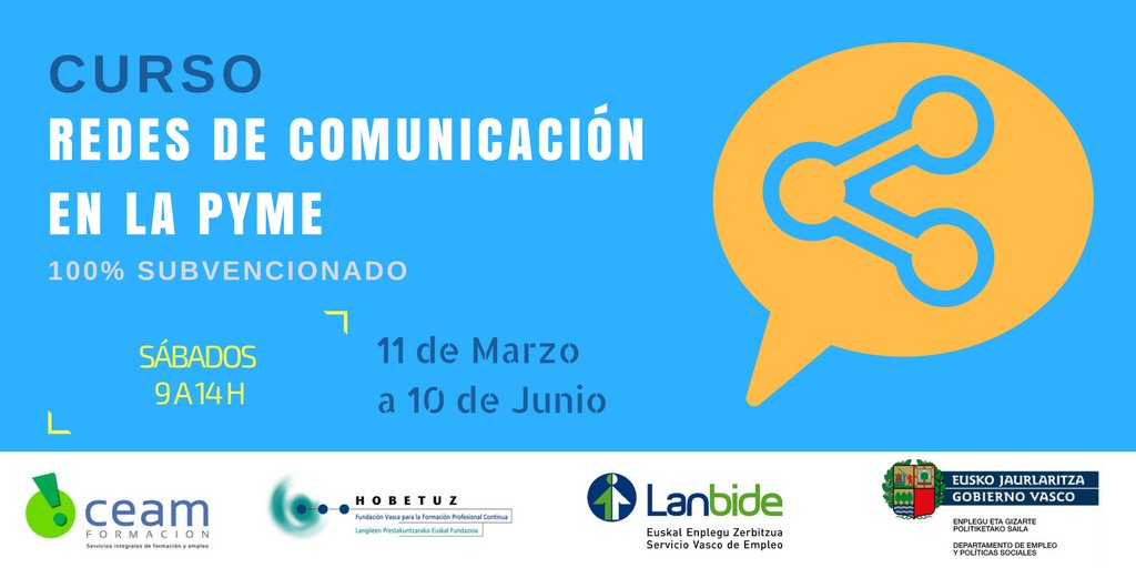 CURSO 100% SUBVENCIONADO 

 REDES DE COMUNICACIÓN EN LA PYME

¡Preinscríbete!
bit.ly/2lZMMUM

#Formación #Cursos #Vitoria