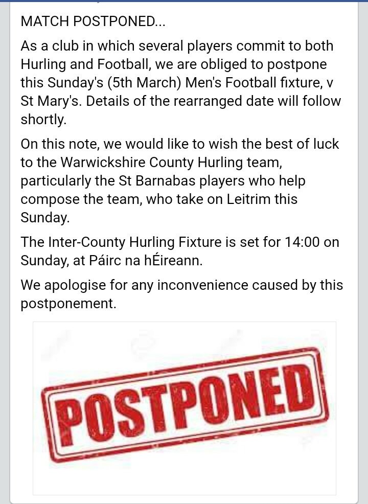 StBarnabasGAC's tweet photo. Sunday's Men's Football fixture v St Mary's has been postponed: https://t.co/ON8FgbVyVb
