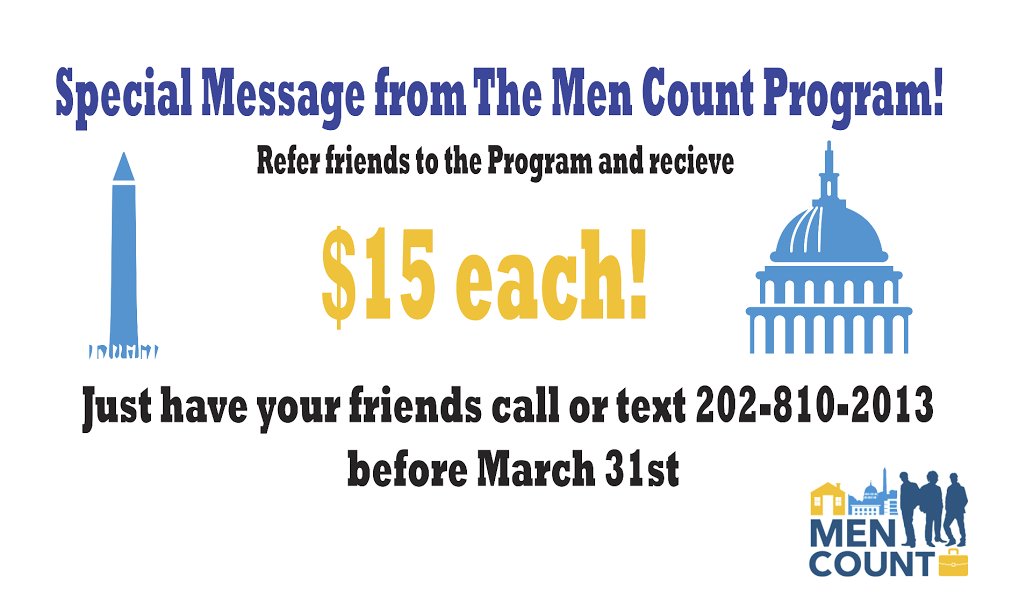 Get cash for friend referrals until the end of March! 

To refer guys to the MEN Count Program, just have them call, text, or email us