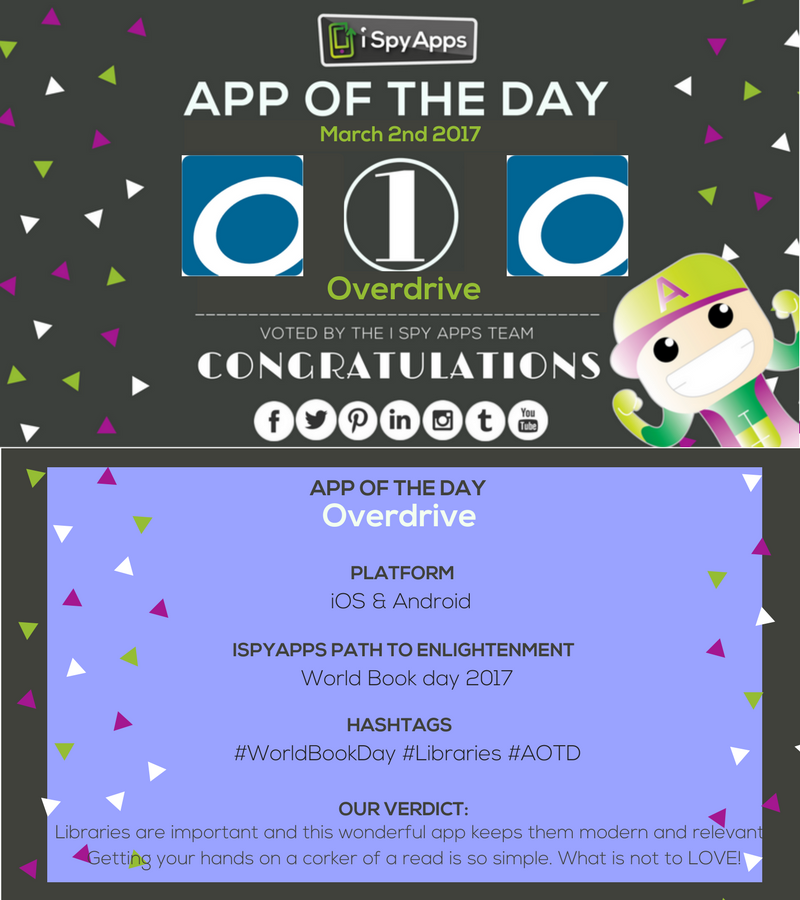 iSpyAppsFemale's tweet photo. Congratulations, @overdrivelibs , for being nominated #APP OF THE DAY by #iSpyApps! Download now and choose from over 30,000 books! #AOTD https://t.co/FTLPP2zzZl