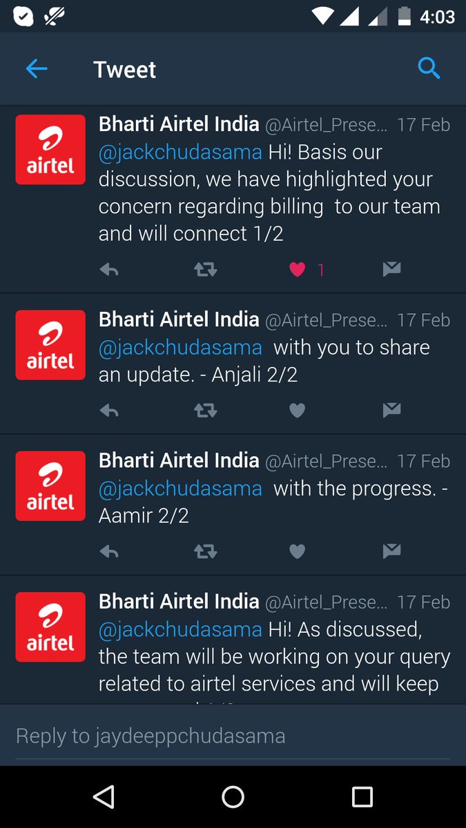 jackchudasama's tweet photo. @airtelindia still query not resolved 😐 not happy with service https://t.co/BssHuNBiLZ