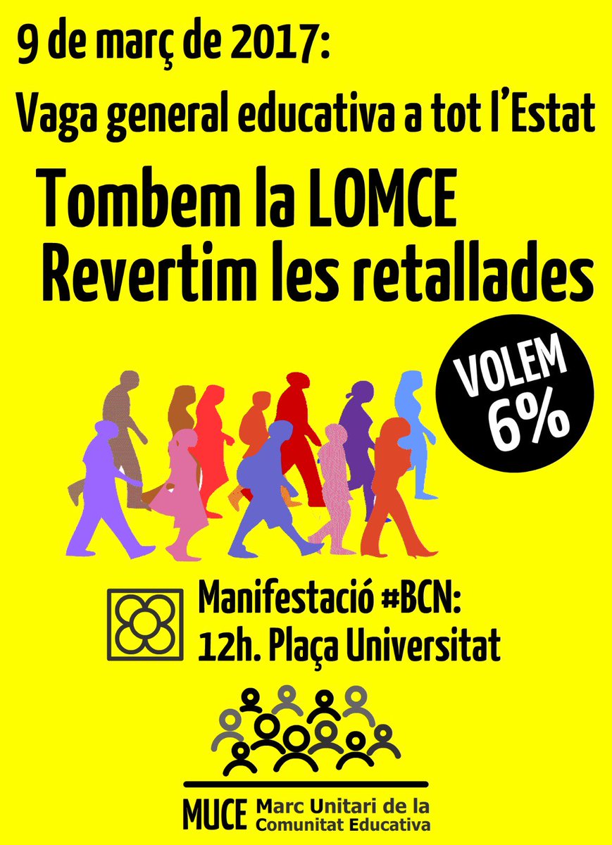 El 9 de març vaga general educativa estatal contra la LOMCE i les polítiques educatives del #PP
#TobemLaLOMCE #RevertimLesRetallades
#MUCE
