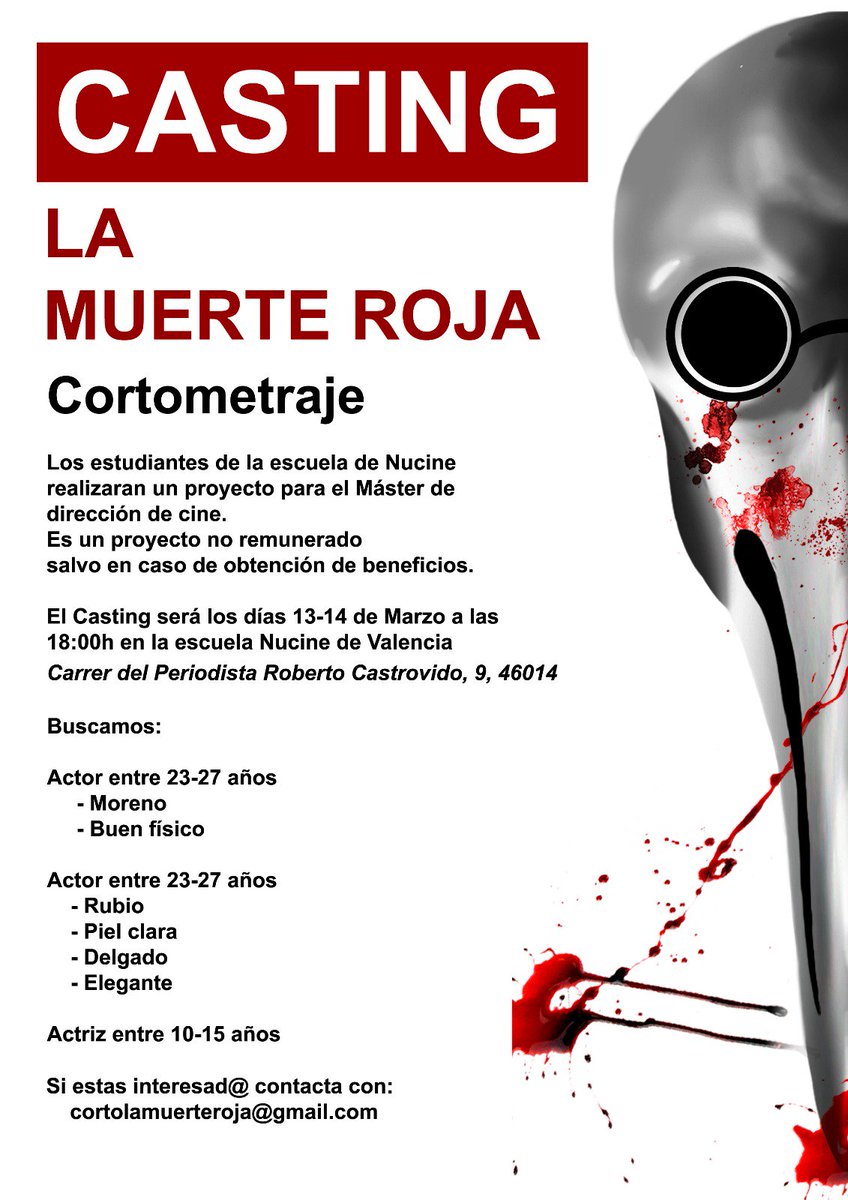 LMR_Corto's tweet photo. Buscamos Actores! Quien se apunta? #LaMuerteRoja #Casting #Valencia https://t.co/oZH52qc5sm