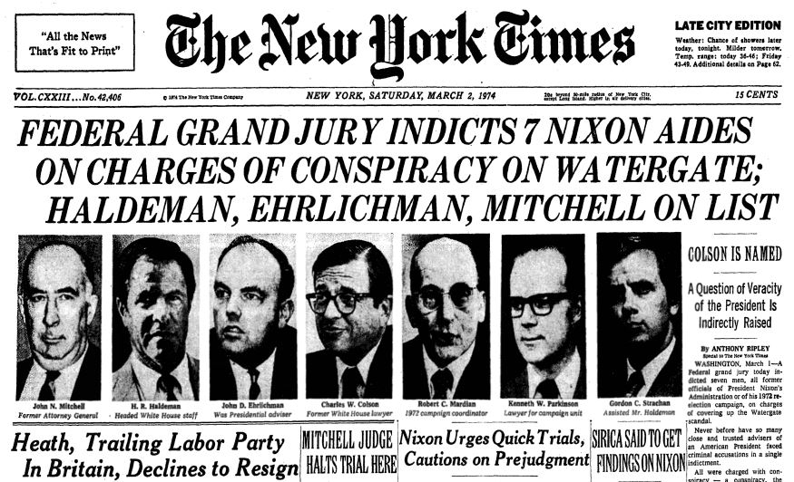 Image result for new york times headline watergate indictments