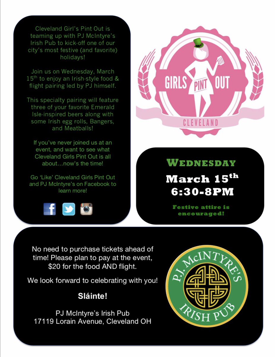 ClevelandGPO's tweet photo. Ladies (and gentleman are welcome, too!), we are SO ready for March 15th! Event info below! @pjmcintyres 🍀🍻 https://t.co/d8rCvl2dIw