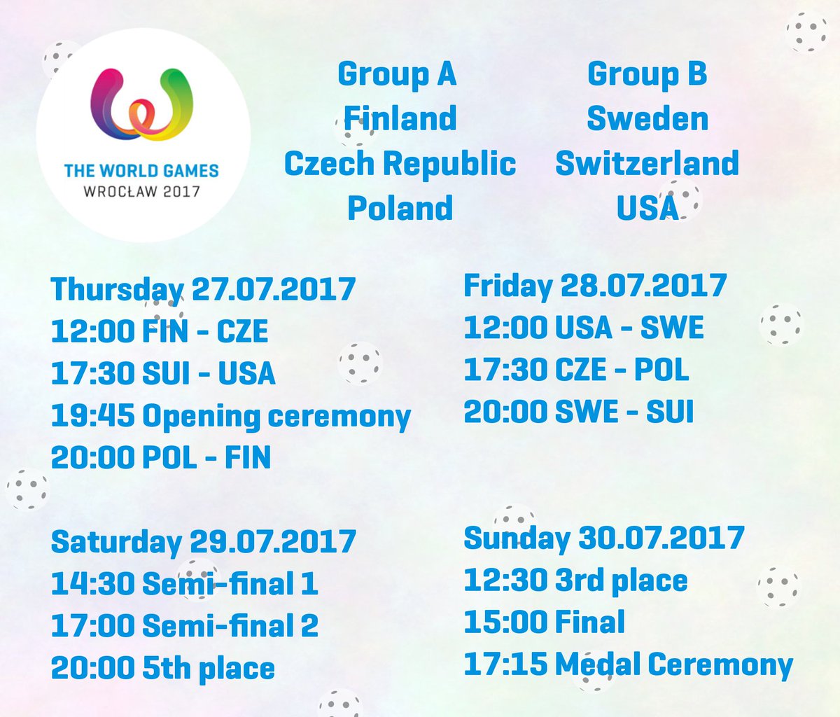 The groups and match schedule for The World Games 2017 has been published. Read more: bit.ly/2md17zi #TWG2017 #floorball