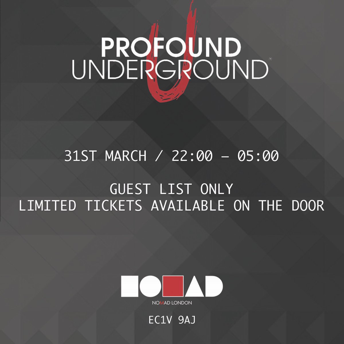 ryanharding__'s tweet photo. 31st March @NomadClubLdn GUEST LIST ONLY 18+ with ID scanners. Please message me for guest list or head over to @ProfoundUNDGRND https://t.co/KgbASw6HWR