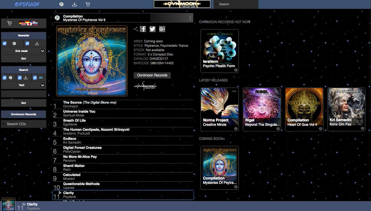 Soon double CD compilation by <a href="/ovnimoon_live/">lapppp</a>
Mysteries of Psytrance Vol 6
Psydeva - Clarity (Original Mix)
psyshop.com/shop/CDs/ovn/o…