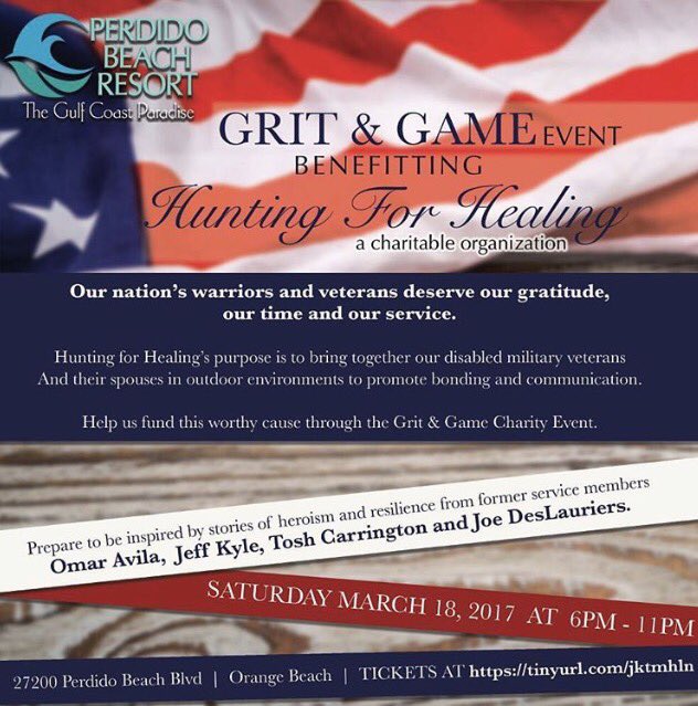 theoysterbed's tweet photo. We r honored 2 help support #huntingforhealing &amp; #GritandGame on 3/18 @PerdidoBeachRes! C'mon out 4 a gr8 cause &amp; #locally caught #surf&amp;turf https://t.co/a5lwhUlR18