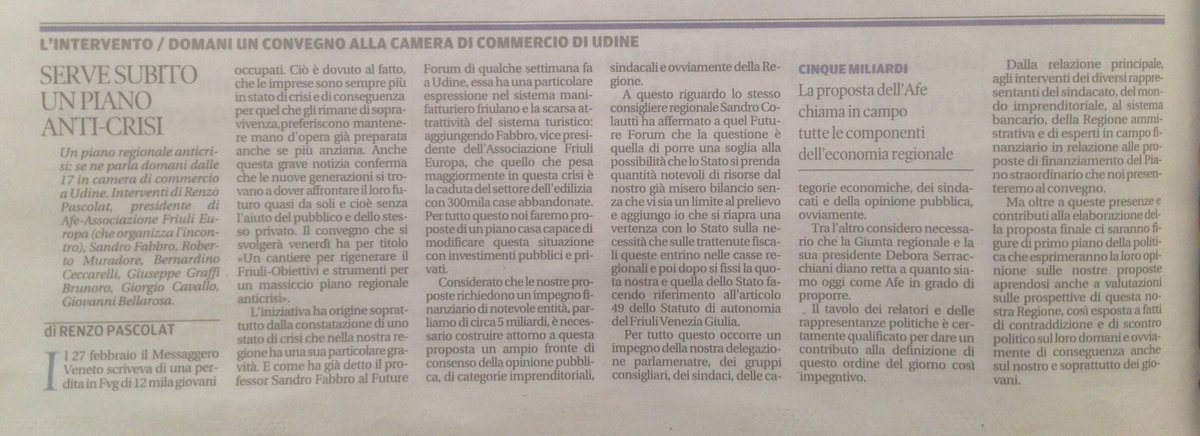 Il Presidente Pascolat presenta il convegno di domani a Udine. Oggi sul <a href="/messveneto/">messaggeroveneto</a> a pagina16. Un piano #anticrisi subito!