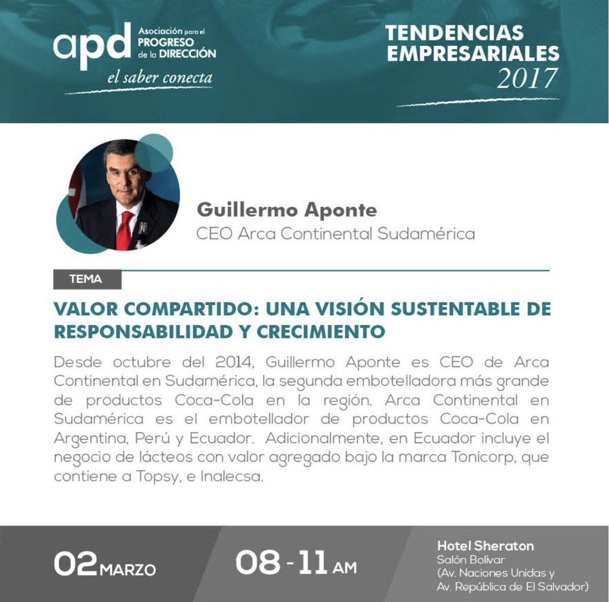 APDEcuador's tweet photo. "Buscamos gestiones eficientes, productivas, amigables con el ambiente, y que aporten a la comunidad" @gapontego CEO @ArcaEC #APDEcuador https://t.co/BZtvHgNEXO
