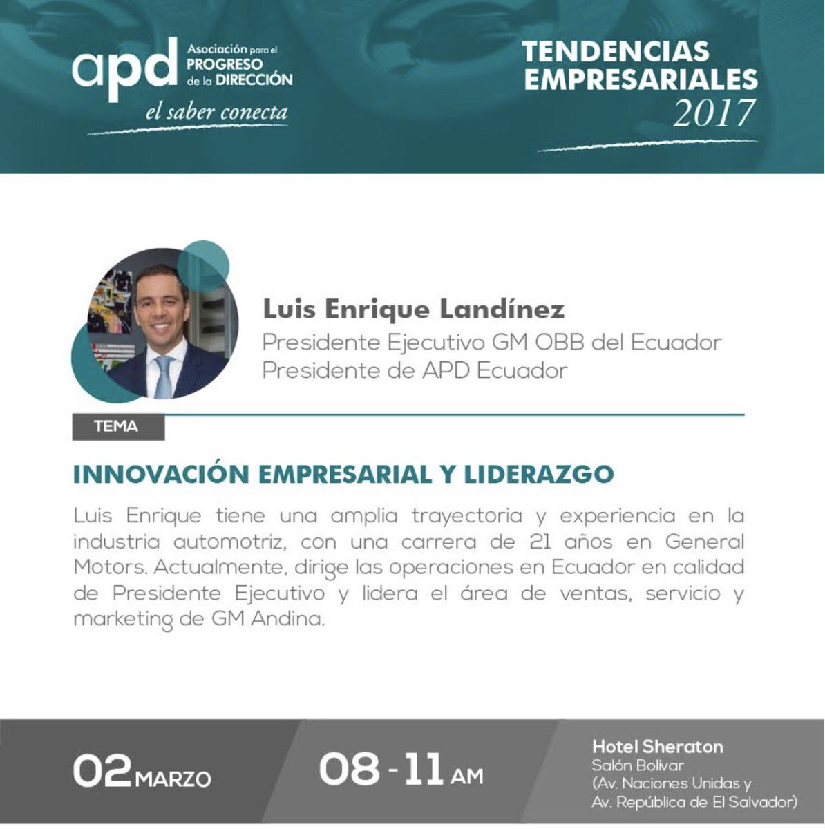 APDEcuador's tweet photo. Ahora Luis Landínez Presidente @ChevroletEc GMOBB #Keynote y presidente #APDEcuador #TendenciasEmpresariales2017 https://t.co/7GgY7nMmsk