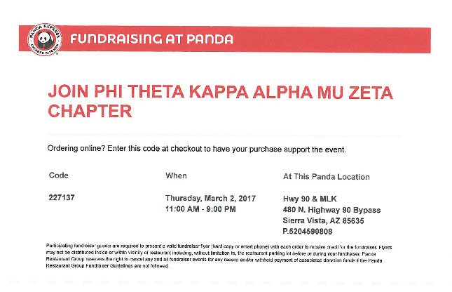 _PraiseBreaker_'s tweet photo. Come support our #PTK ch @PandaExpress today! 20% of your purchase will go towards the #AlphaMuZeta ch. Show this @ cash out #CochiseCollege https://t.co/emxVrowUwh