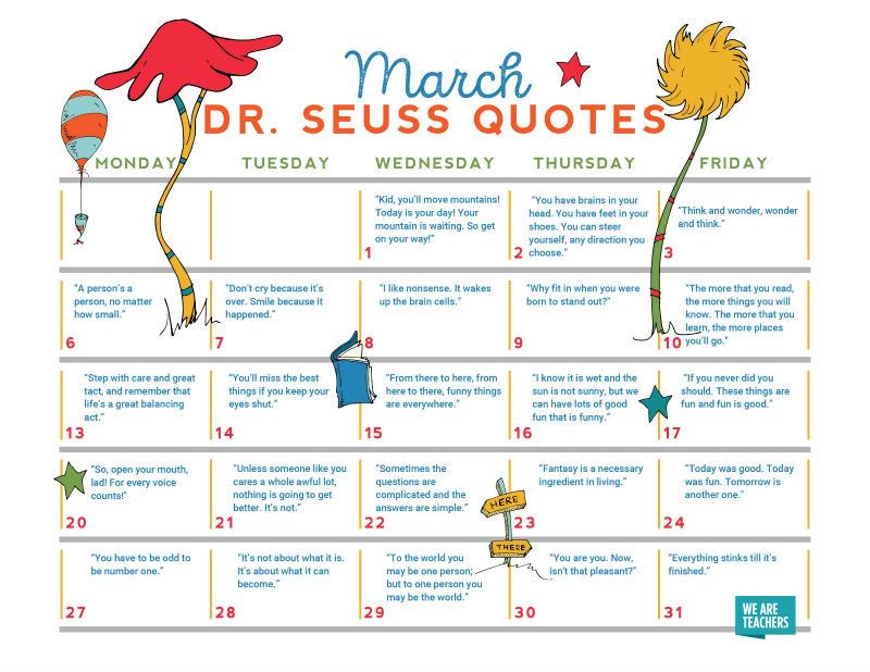 Booksource's tweet image. Teachers, grab your free #DrSeuss calendar (w/a favorite quote for every day in March) from @WeAreTeachers today! buff.ly/2miuVuw.