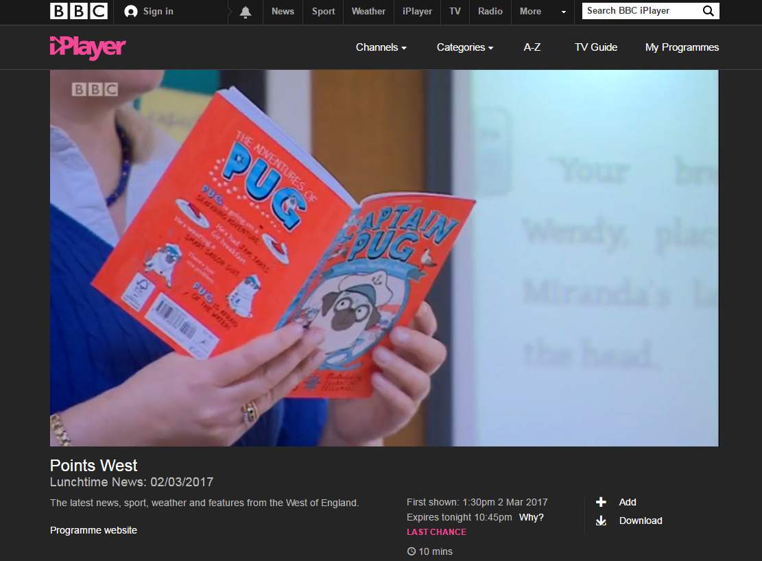 KidsBloomsbury's tweet photo. You can watch #CaptainPug, @PugandLadyM
& illustrations by @lelephantine on @bbcpointswest! https://t.co/k7ta6pfIzP #WorldBookDay20 https://t.co/KLGUohUvgS