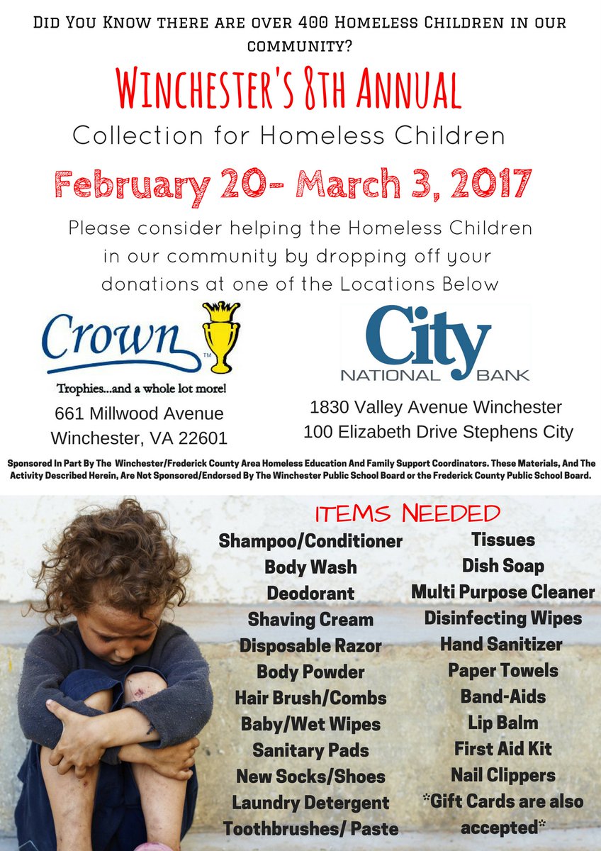 crownwinchester's tweet photo. There are only 2 days left of the Collection to help Homeless Children in our community! Drop off your items at the locations below. https://t.co/9Oom3juV2E