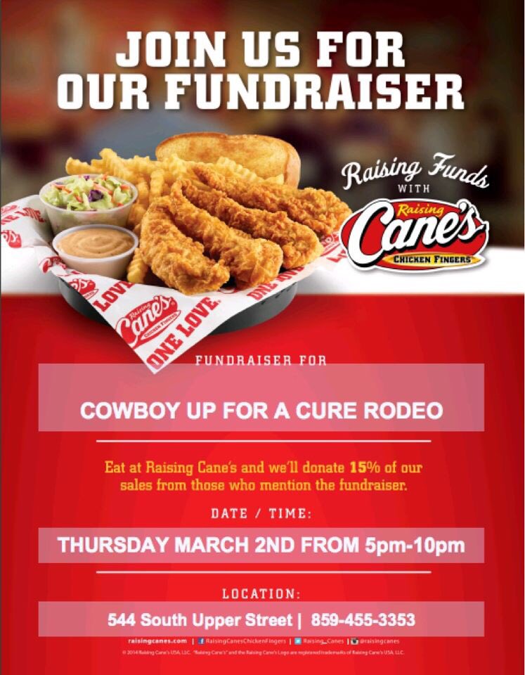 UKRodeoTeam's tweet photo. Stop by canes today from 5pm to 10pm and 15% of your purchase will be donated to @CowboyUp_Rodeo! https://t.co/4uPY8TZpjn