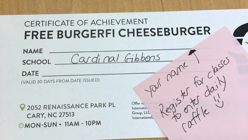 nancybarkan's tweet photo. We have winners already. CG students register for classes to enter the daily raffle! #bugerfi #earlybirdgetsburger https://t.co/1GsQWzQPHc