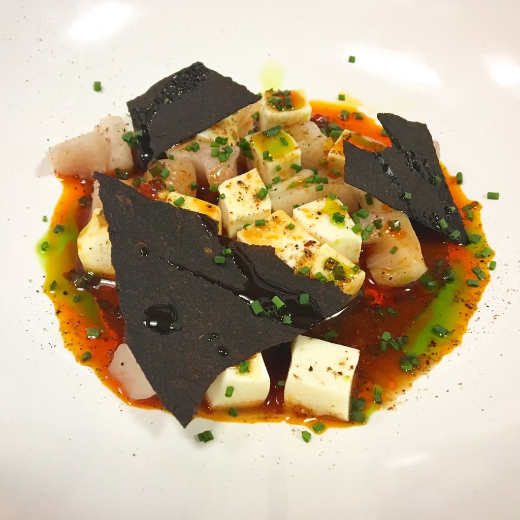 Mackerel yu xiang crudo. Mama made tofu. Eggplant.