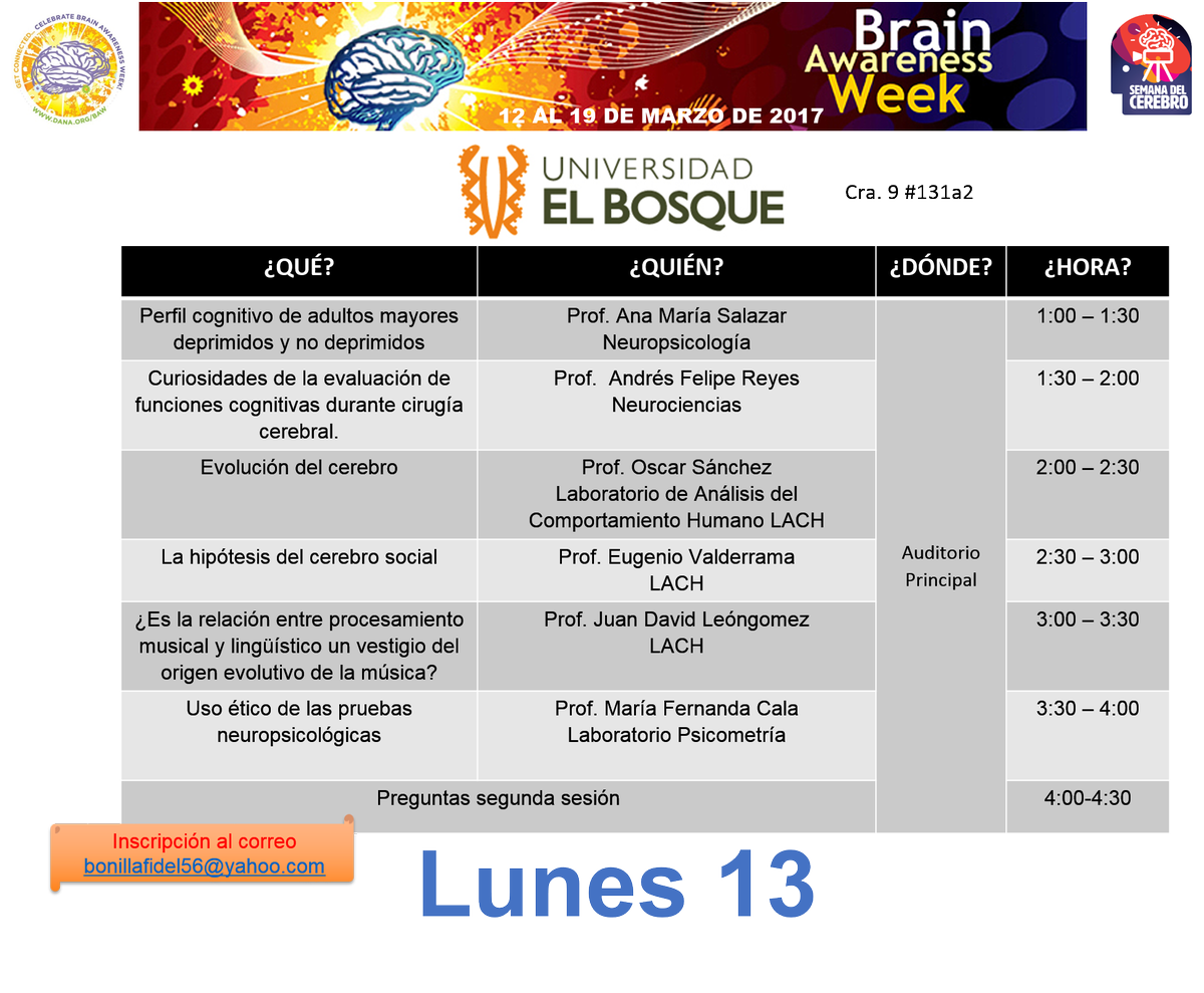 ColombiaBAW's tweet photo. Progamación de la semana del cerebro del lunes 13 de marzo. Para acceder a los links de incripción pueden visitar nuestra pág deFacebook https://t.co/KJPK4Kk34g