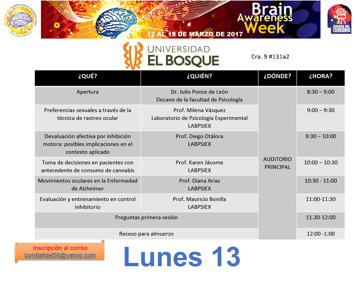ColombiaBAW's tweet photo. Progamación de la semana del cerebro del lunes 13 de marzo. Para acceder a los links de incripción pueden visitar nuestra pág deFacebook https://t.co/KJPK4Kk34g