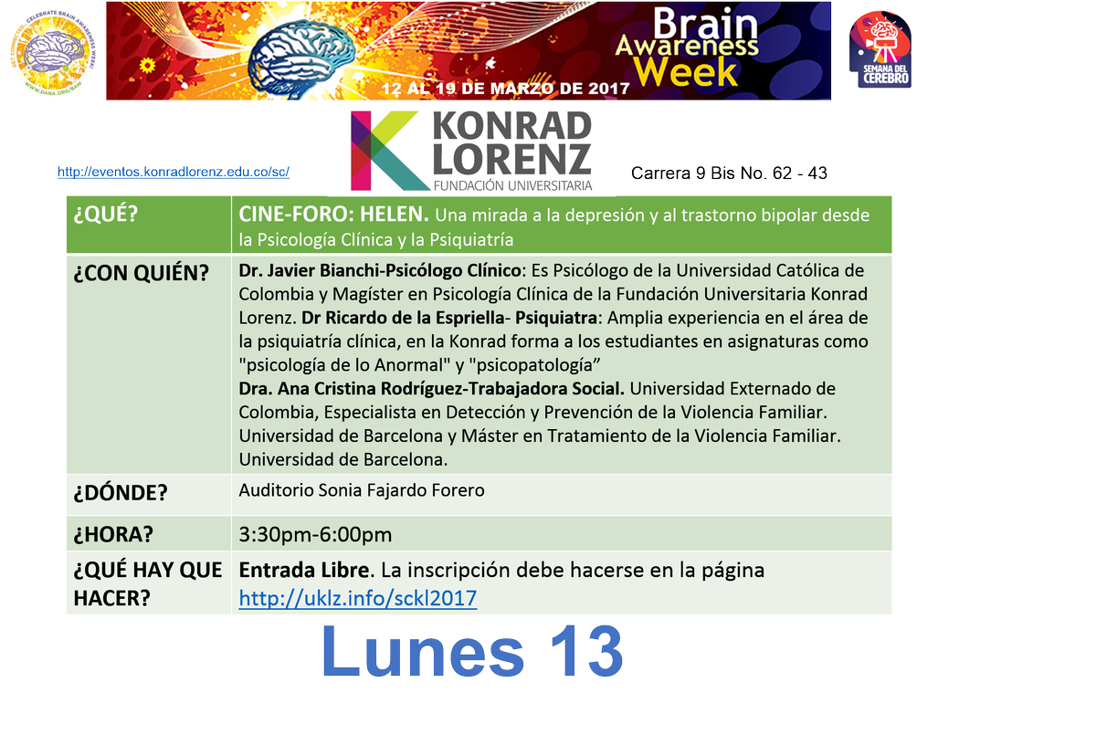 ColombiaBAW's tweet photo. Progamación de la semana del cerebro del lunes 13 de marzo. Para acceder a los links de incripción pueden visitar nuestra pág deFacebook https://t.co/ytef26kpVV