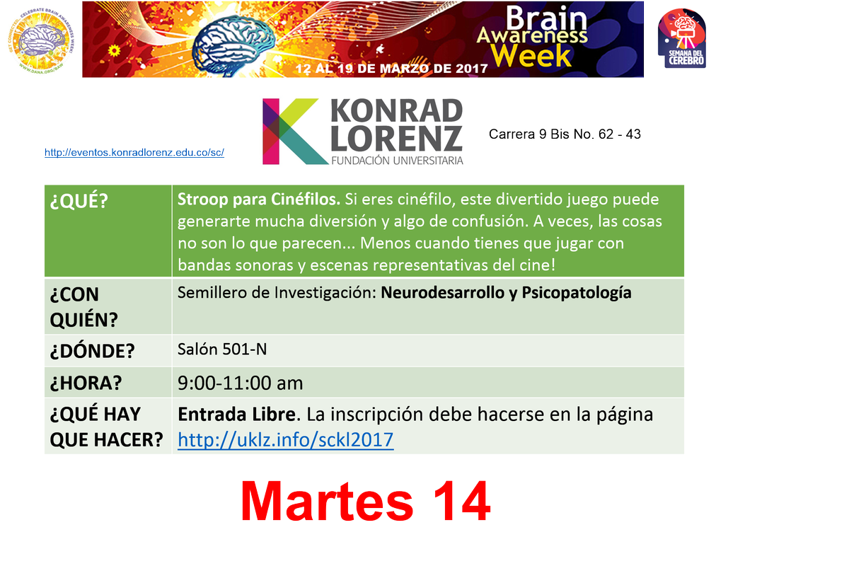 ColombiaBAW's tweet photo. Progamación de la semana del cerebro del martes 14 de marzo. Para acceder a los links de incripción pueden visitar nuestra pág deFacebook https://t.co/40abMXHh70