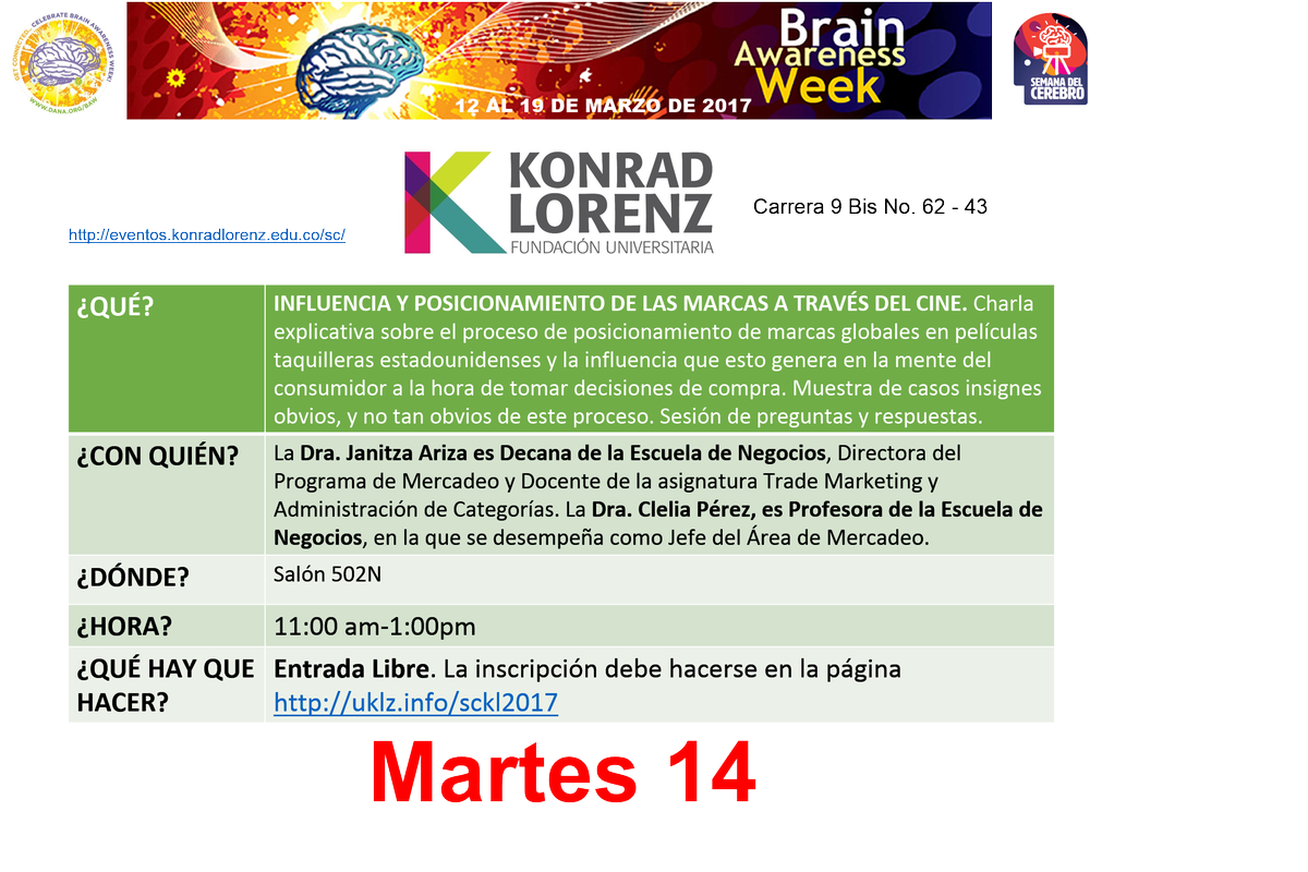 ColombiaBAW's tweet photo. Progamación de la semana del cerebro del martes 14 de marzo. Para acceder a los links de incripción pueden visitar nuestra pág deFacebook https://t.co/40abMXHh70
