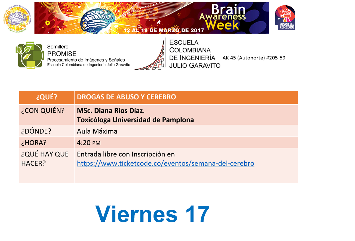 ColombiaBAW's tweet photo. Progamación de la semana del cerebro del viernes 17 de marzo. Para acceder a los links de incripción pueden visitar nuestra pág de Facebook https://t.co/39Bv0dbDgT