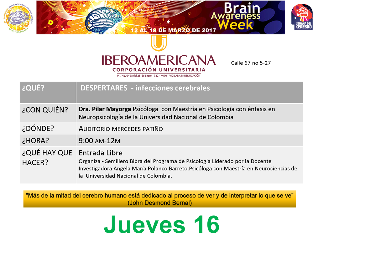 ColombiaBAW's tweet photo. Progamación de la semana del cerebro del jueves 16 de marzo. Para acceder a los links de incripción pueden visitar nuestra pág deFacebook https://t.co/wllaiFZhgL
