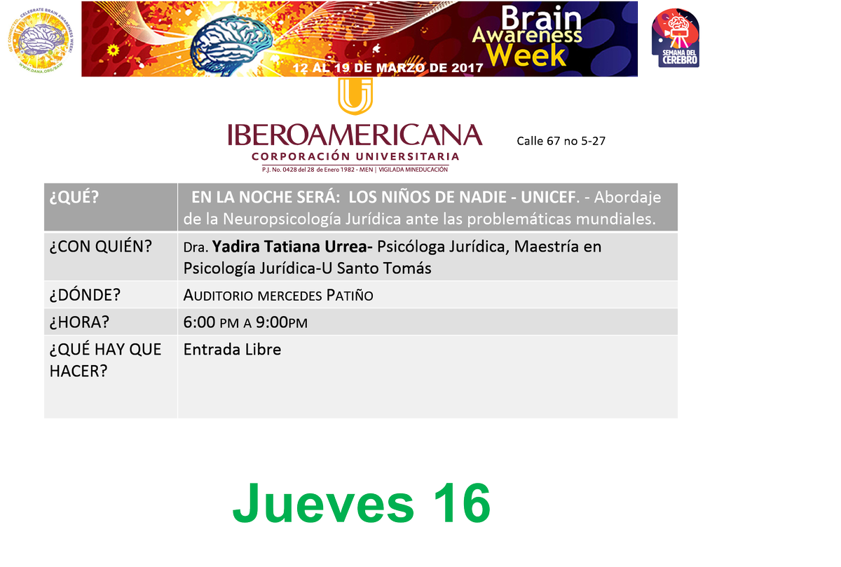 ColombiaBAW's tweet photo. Progamación de la semana del cerebro del jueves 16 de marzo. Para acceder a los links de incripción pueden visitar nuestra pág deFacebook https://t.co/wllaiFZhgL