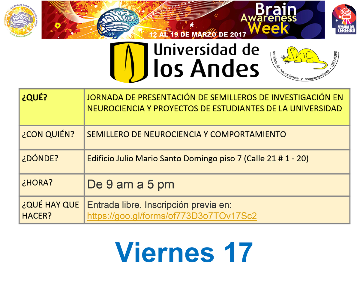 ColombiaBAW's tweet photo. Progamación de la semana del cerebro del viernes 17 de marzo. Para acceder a los links de incripción pueden visitar nuestra pág de Facebook https://t.co/39Bv0dbDgT